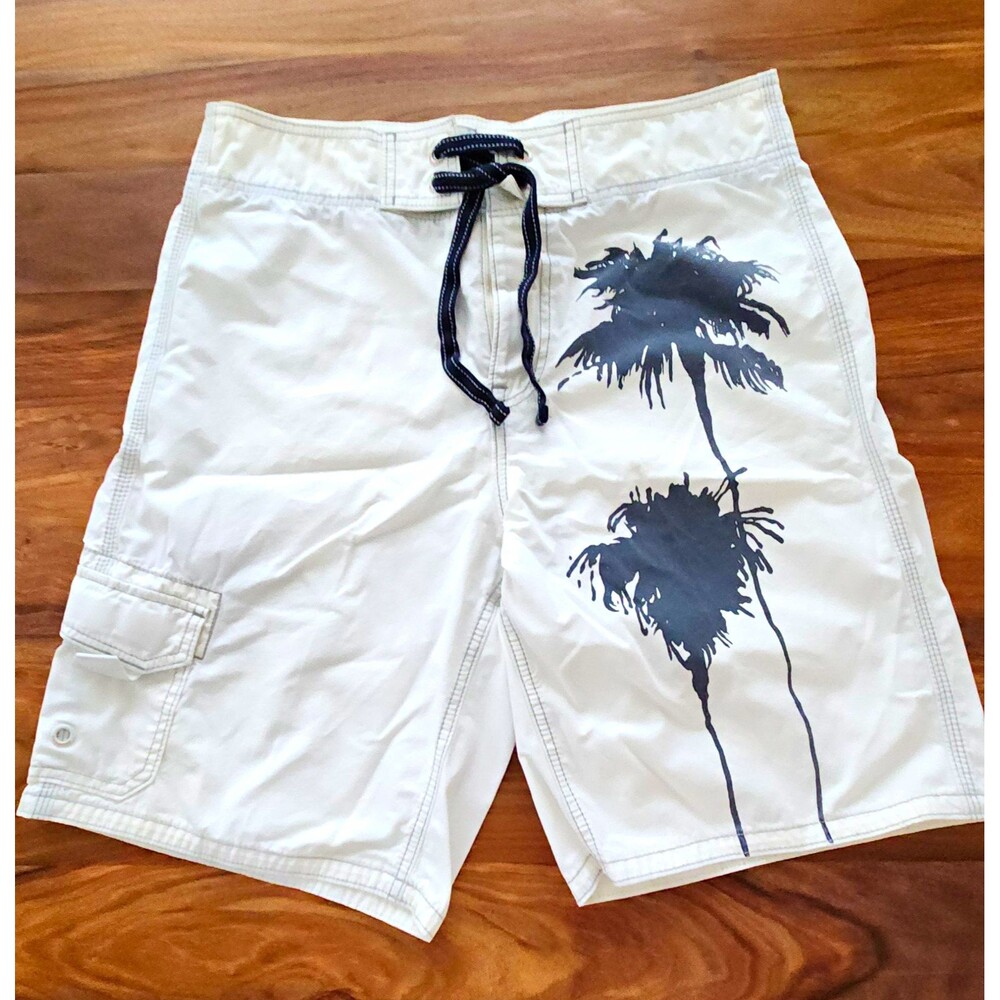 Vintage Gap Men's Y2K Boardshorts 2000s Surf Swim Trunks Medium White Graphic